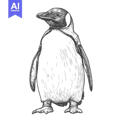 A Detailed Black and White Drawing of a Penguin Standing