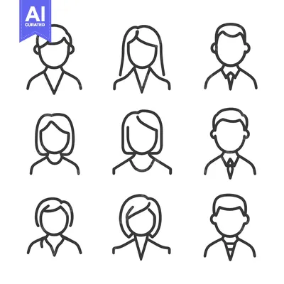 Aset premium populer: Nine different simple line drawing illustrations of people avatars