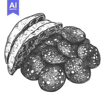 Aset desain premium: Sliced sausage and bread displayed with a detailed artistic drawing