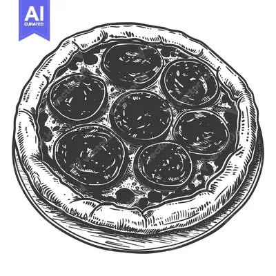 Aset desain premium: A round pizza with pepperoni shown in grayscale sketch art
