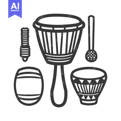 Aset desain premium: Various percussion instruments displayed in black and white illustrati