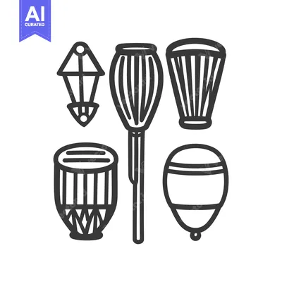 Outlined instruments and a lantern are arranged on white backdrop