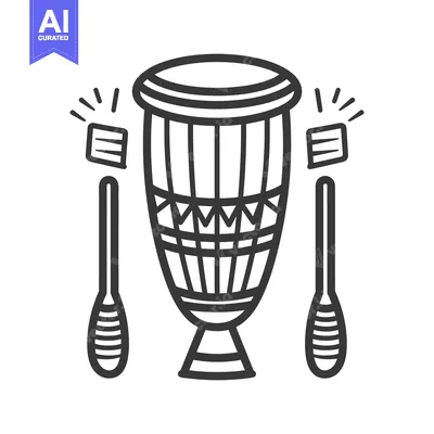 A detailed black and white illustration of a drum and sticks