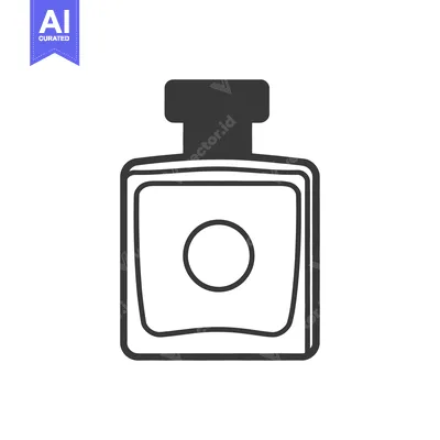 A grayscale image of a perfume bottle with a round detail