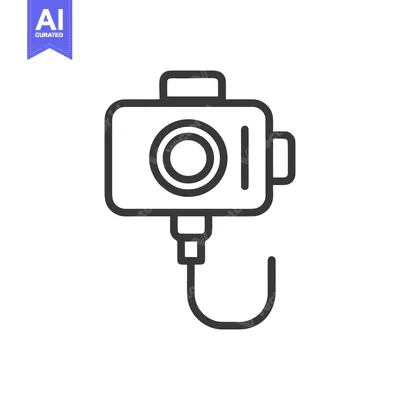 Aset desain premium: Minimalist Action Camera Icon with Cable, Black Outline on White