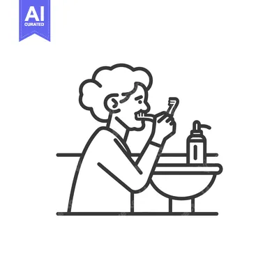 Premium design asset: Person brushing teeth in bathroom with sink and soap dispenser