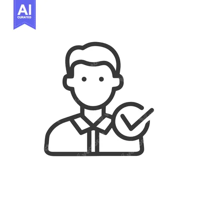 Aset desain premium: Approved User Icon: Minimalist Man with Checkmark Symbol, Outline Styl