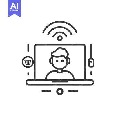 Aset desain premium: Person on Laptop with Wireless Signal and Shopping Cart Icon