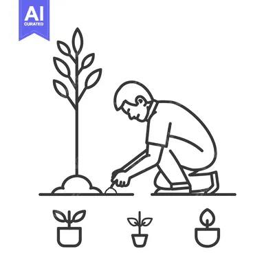 Aset desain premium: Person Planting a Tree with Three Saplings in Pots Below