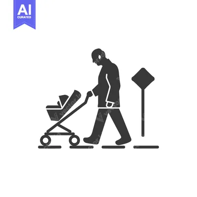 Premium design asset: Person pushing a stroller while walking near a sign