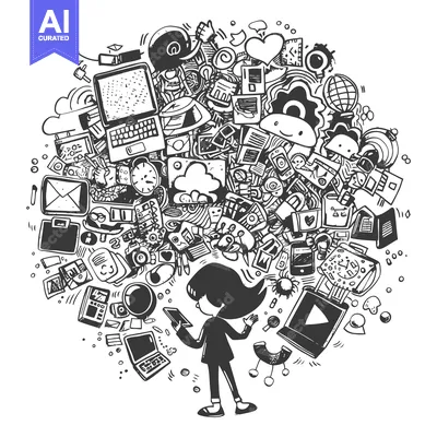 Aset desain premium: Person Surrounded by Hand-Drawn Technology and Social Media Icons