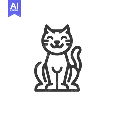 Aset desain premium: Minimalist Cat Icon: Smiling Feline with Curled Tail and Whiskers