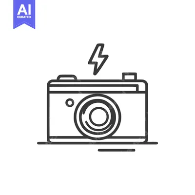 Aset desain premium: Minimalist Camera Icon with Flash Symbol, Black Outline on White Backg