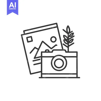 Aset premium populer: Minimalist Camera and Landscape Photo Icon with Plant Accent