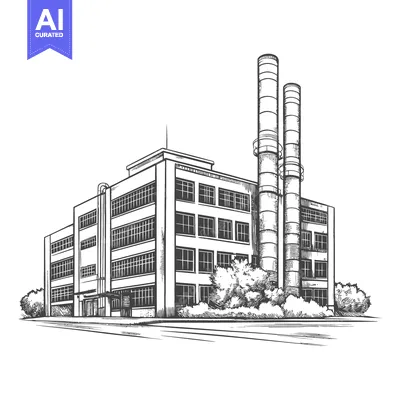 Aset desain premium: A detailed monochrome line drawing of an industrial manufacturing faci