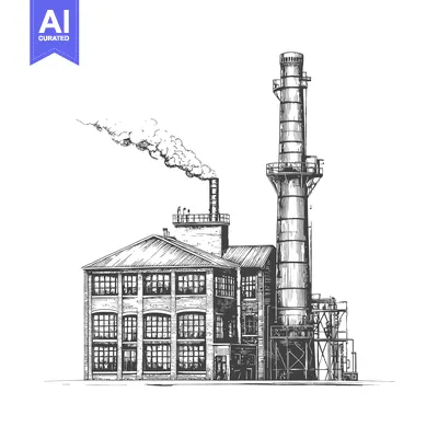 A detailed illustration of a factory building and a smokestack