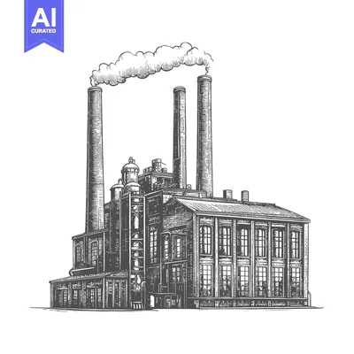 Aset desain premium: A detailed grayscale illustration depicting an old factory with chimne