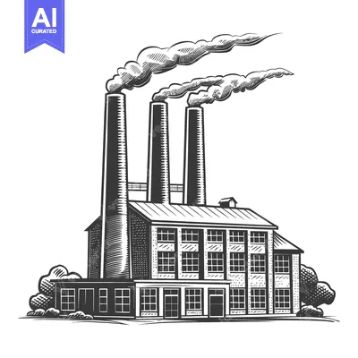 Aset desain premium: A stylized illustration of a factory with multiple smokestacks releasi