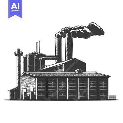 A detailed monochromatic illustration of an industrial factory