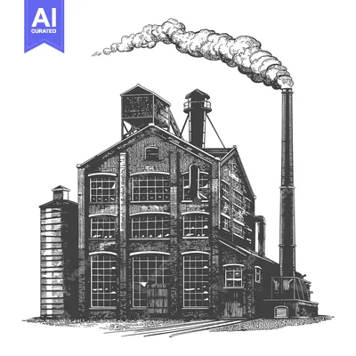 Aset premium populer: A detailed monochrome illustration of an industrial brick factory buil