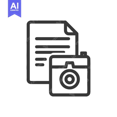 Aset desain premium: Minimalist Icon: Document with Text and Camera Symbol, Dark Gray Outli