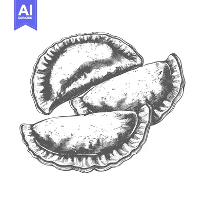 Three hand drawn pierogies rendered in black and white detail