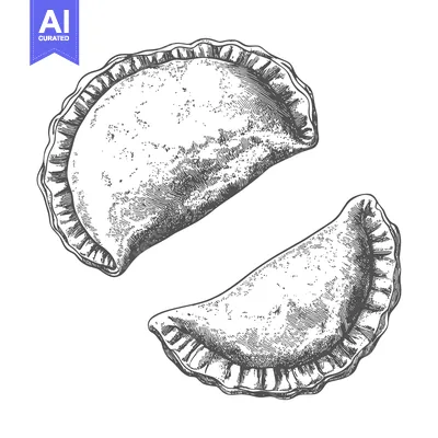 Premium design asset: Two cooked savory pastries illustrated with detailed black lines
