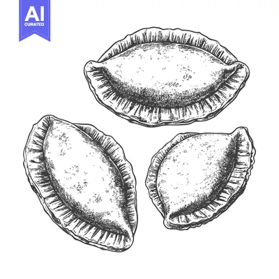 Premium design asset: Three dumplings are illustrated in a black and white image