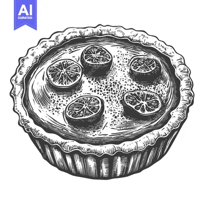 Aset premium populer: A detailed black and white illustration depicting a citrus tart