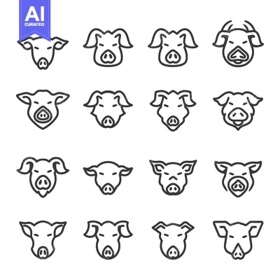 Pig Faces Line Art Icons Set