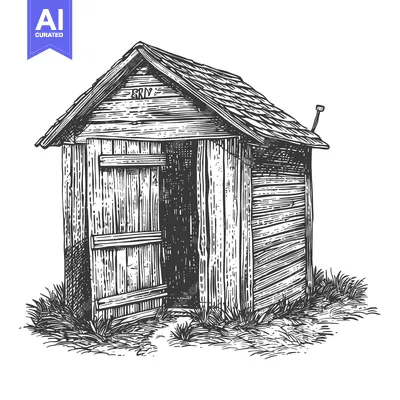 Premium design asset: An old weathered wooden outdoor outhouse structure with an open door