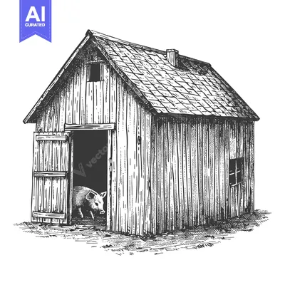 A wooden barn with an open door and a pig inside
