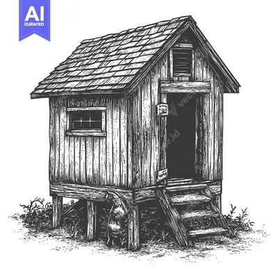 Small wooden cabin elevated on stilts with steps and small windows