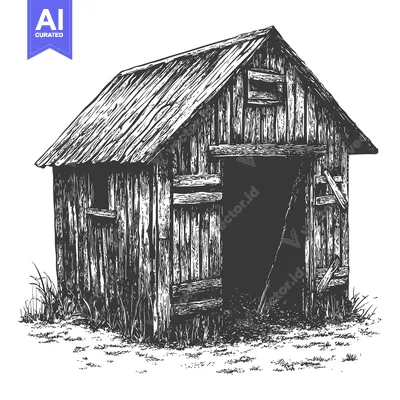 Premium design asset: A detailed black and white illustration of an old wooden shed