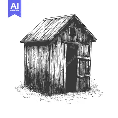 Aset premium populer: A rustic wooden shed with an open door and a small window