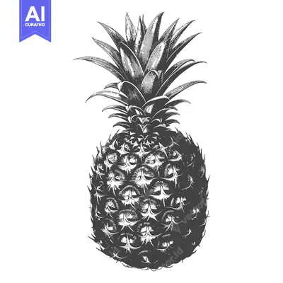 Aset desain premium: A detailed black and white illustration depicting a pineapple plant