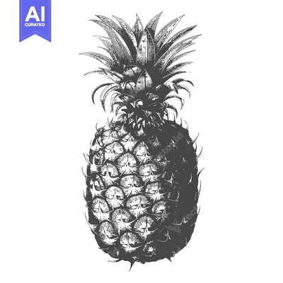 Aset desain premium: A detailed monochrome illustration depicts a whole pineapple fruit