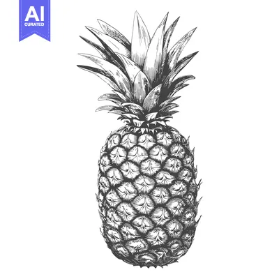 Aset desain premium: Detailed black and white illustration of a ripe tropical pineapple