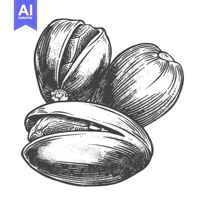 Three pistachio nuts shown in a detailed monochrome artistic drawing