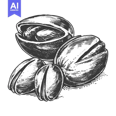 Black and white illustration of several shelled pistachios on white