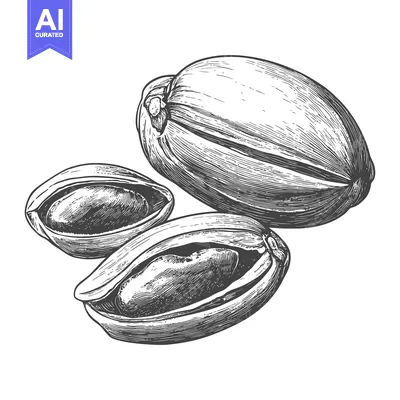 Three pistachio nuts shown in black and white illustration