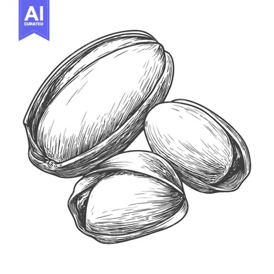 Drawn illustration shows a close up of some opened pistachios nuts