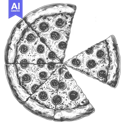 A graphic image featuring a partially sliced pepperoni pizza