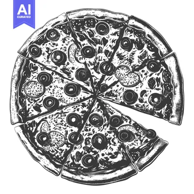A sliced round pizza with various toppings isolated on white backgroun