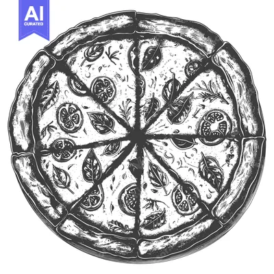 A round pizza cut into slices with tomato and leaf toppings