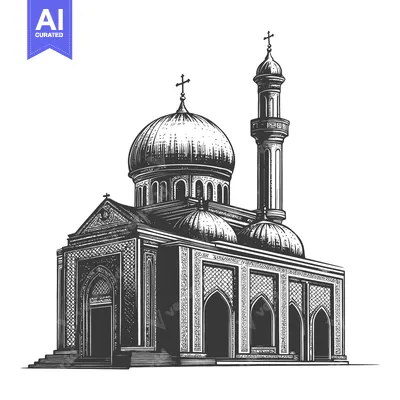 Aset premium populer: An ornate detailed illustration of a building with domes and a tower