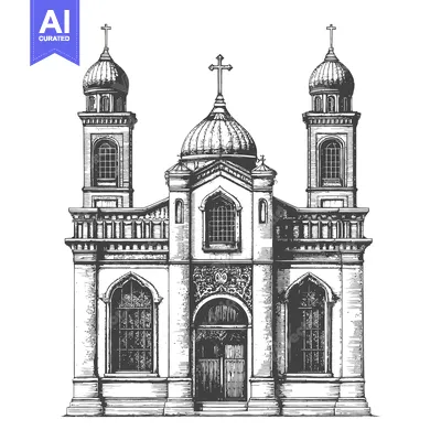 A detailed black and white pen and ink church building illustration