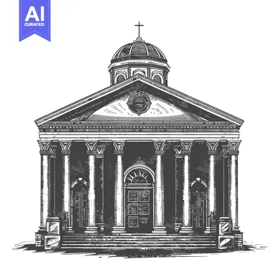 Aset desain premium: A classical architectural drawing depicting a building with a dome and