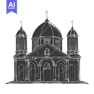 A detailed monochrome illustration of a classical cathedral building