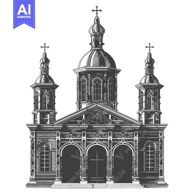 Aset premium populer: A Detailed Monochrome Illustration of a Classic Church Building